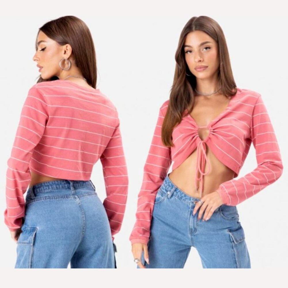 Adika Women's Hoper Ruched Center Tie-Front Long Sleeve Crop Top Pink Size XS